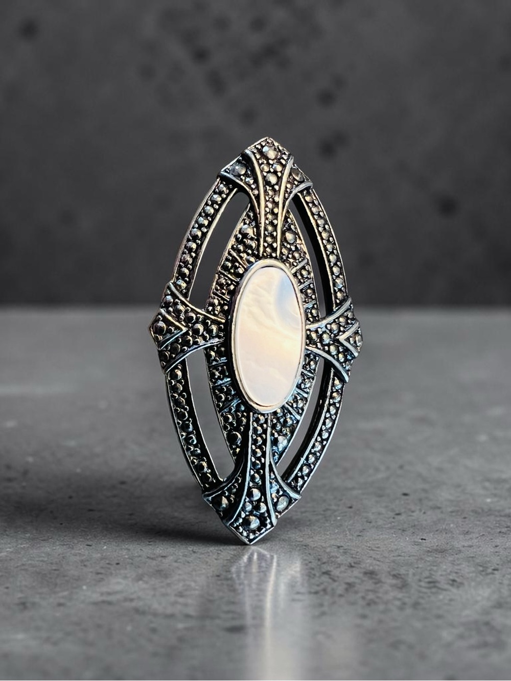 Avon Silver-Tone Marcasite Oval Mother-of-Pearl Brooch